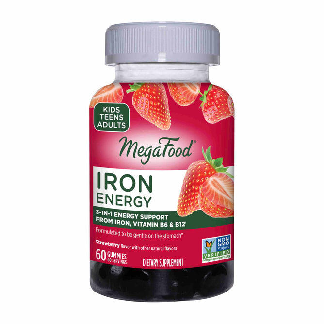 MegaFoods Iron Energy Gummies, featuring a striking red label with strawberries, provide fermented iron and essential B vitamins like B6 and B12. Suitable for kids, teens, and adults, each bottle contains 60 gummies.