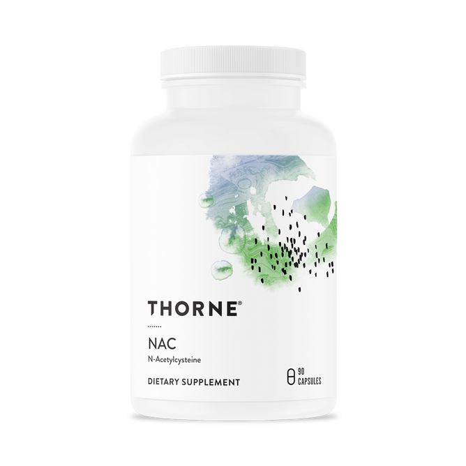 A white bottle labeled Thorne NAC - N-Acetylcysteine contains 90 capsules, featuring abstract watercolor art in green and blue tones with black dots to emphasize its antioxidant properties.