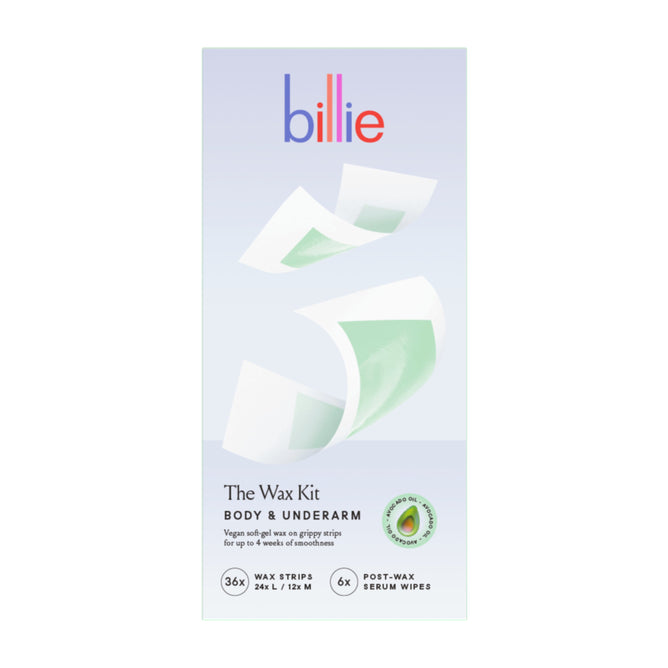 Introducing the billie Wax Kit, your complete hair removal solution featuring 36 body and underarm strips, 6 post-wax serum wipes, and vegan soft wax for up to 4 weeks of smoothness.