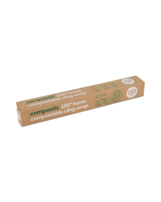 A rectangular brown box labeled Compostic Cling Wrap features green and white text, a fruit slices illustration, and a 150-foot length. Made from renewable plant-based materials, it is 100% home-compostable.