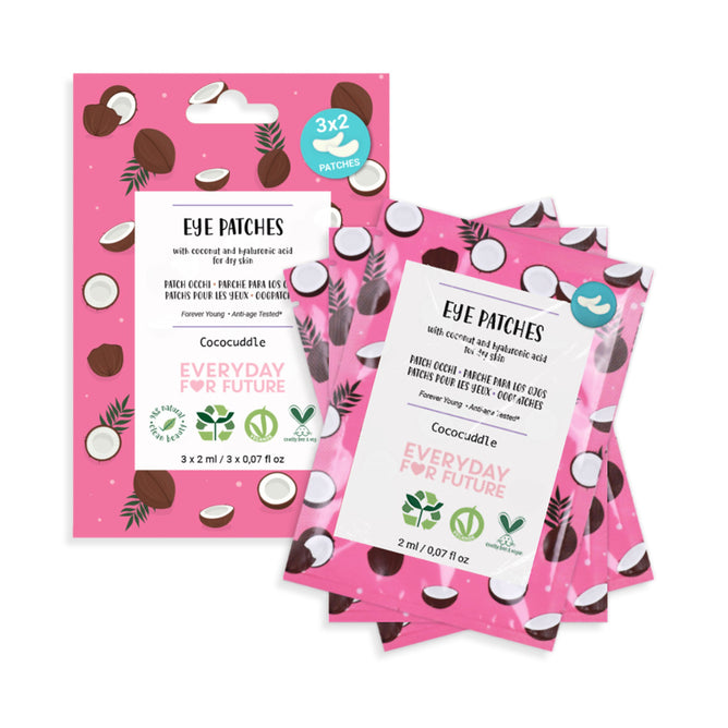 Two packs of Everyday For Future Eye Patches with pink coconut-themed packaging highlight hyaluronic acid and vegan, cruelty-free symbols. Each eco-friendly pack contains three sets for refreshed eyes.