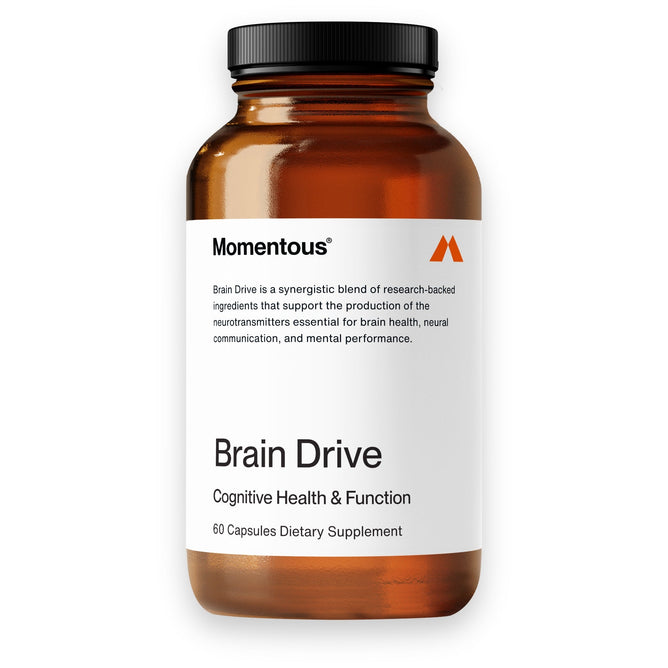 A brown bottle of Momentous Brain Drive with 60 capsules claims to support brain health by enhancing neurotransmitter synthesis, neural communication, and mental performance.
