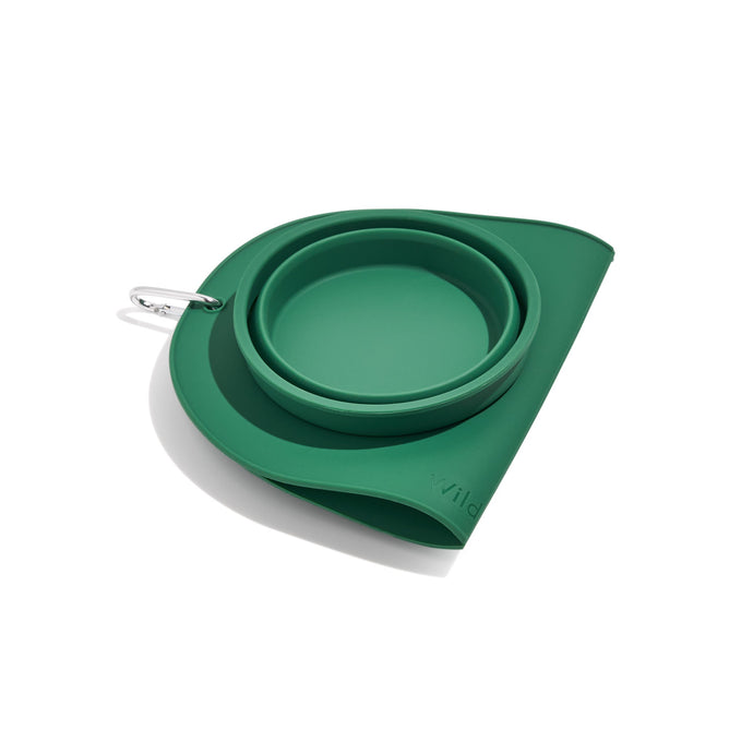 The Collapsable Travel Pet Bowl Duo by Wild One, in green, features a compact design with a carabiner for easy attachment. Made from pet-safe materials, its partially folded on a white background, making it perfect for keeping your pup refreshed while traveling.