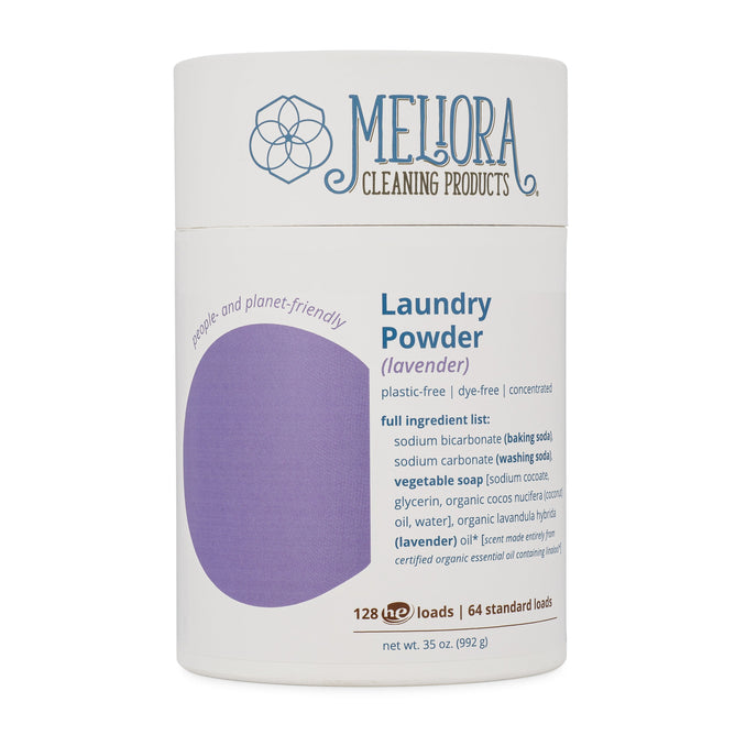 Melioras Laundry Powder comes in a cylindrical container labeled Laundry Powder (lavender), highlighting its eco-friendly features like plastic-free and dye-free. It delivers 128 HE loads with ingredients including sodium bicarbonate and pure lavender oil, free from synthetic fragrances.