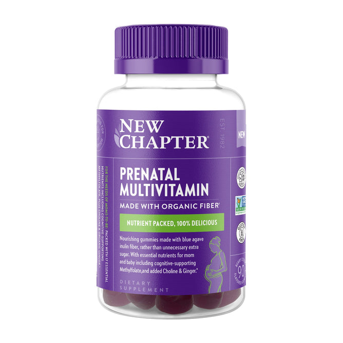 New Chapter Prenatal Multivitamin Gummy bottle includes 90 gummies with a nutrient-rich formula of organic Blue Agave fiber, methylfolate, choline, and ginger. Its purple and white label emphasizes essential prenatal nutrition ingredients.
