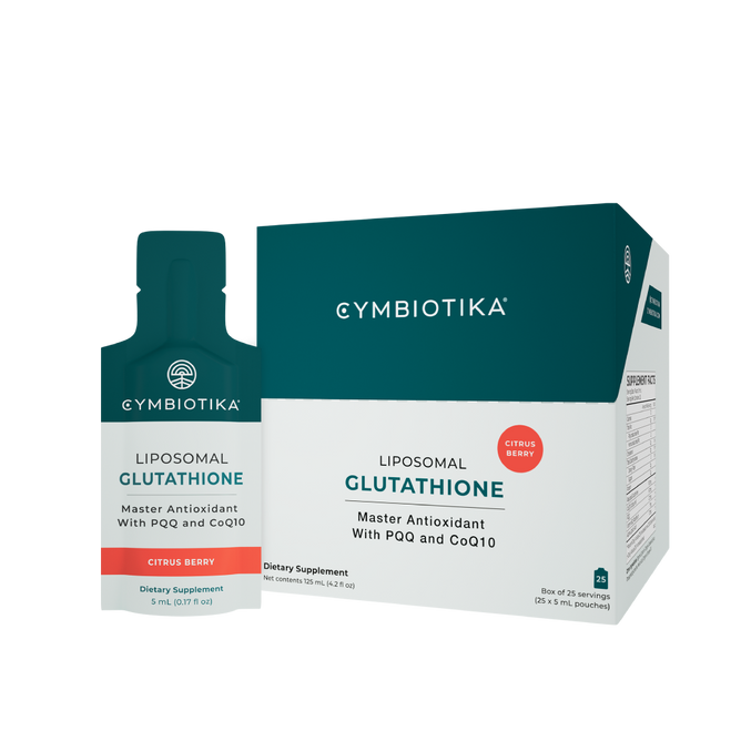 Cymbiotika Liposomal Glutathione dietary supplement, in teal citrus berry packaging with white and orange accents, is highlighted as the Master Antioxidant and supports optimal nutrient absorption with PQQ and CoQ10.