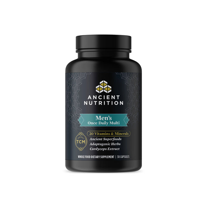A bottle of Ancient Nutritions Ancient Multi - Mens Once Daily contains 30 capsules and includes 20 vitamins and minerals, ancient superfoods, adaptogenic herbs, and cordyceps extract to boost immune function.