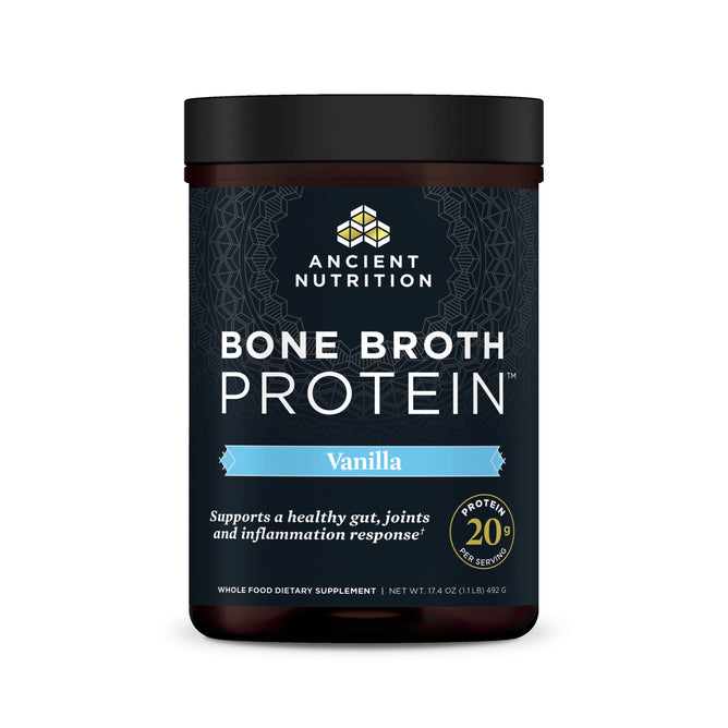 A 17.4 oz jar of Ancient Nutritions Grassfed Beef Bone Broth Protein Concentrate with Vanilla flavor contains 20g of protein per serving, promoting gut and joint health as well as inflammation response. It features a sleek black and blue design.