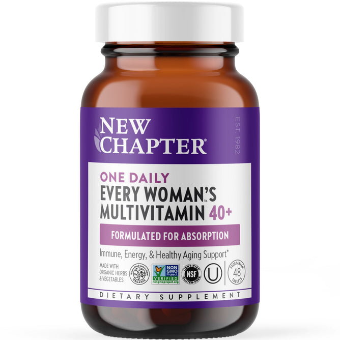 The brown bottle of New Chapters Every Woman™s One Daily 40+ Multivitamin has a purple and white label highlighting support for energy, immunity, and healthy aging. Its packed with essential vitamins, Non-GMO, certified organic, and kosher.