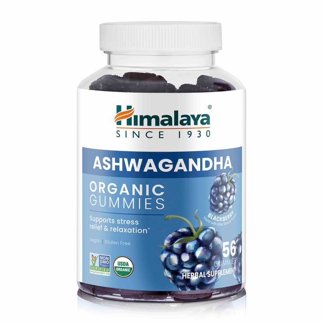 A jar of Himalaya Organic Ashwagandha Gummies, featuring a delightful blackberry flavor, is showcased. The label highlights its stress relief and relaxation benefits, with certifications for being vegan, non-GMO, and USDA organic.