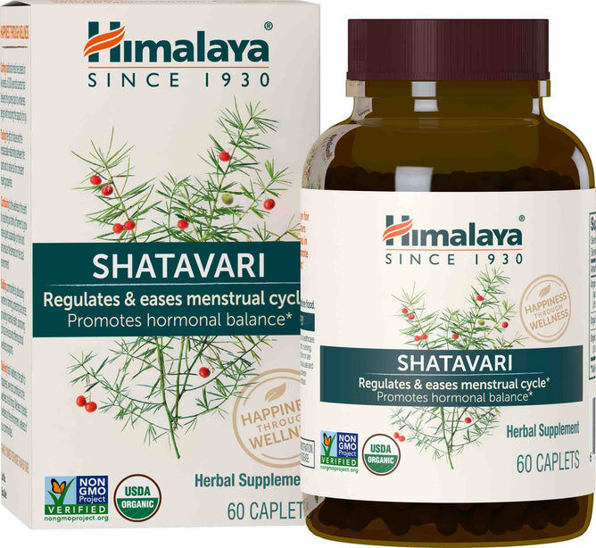 A bottle of Himalaya Organic Shatavari supplements, with a plant graphic and non-GMO, USDA organic badges, supports hormonal balance during menopause and regulates menstrual cycles. Contains 60 caplets.