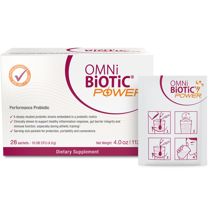 Omni-Biotics Power probiotic supplement includes 28 sachets. The packaging illustrates steps for use: pour into water, stir, and drink to boost immune function, supported by advanced microbiome research.