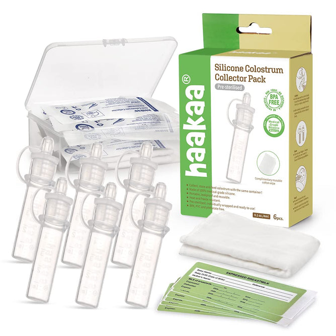 The Haakaa Silicone Colostrum Collector Set is perfect for storing colostrum, featuring six pre-sterilized medical-grade silicone tubes, a storage case, and illustrated instructions. Its BPA-free packaging offers a flexible design in soothing green and cream colors.