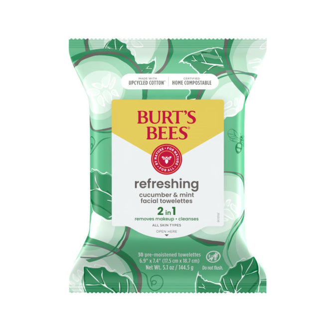 Burts Bees Facial Cleansing Towelettes - Refreshing feature cucumber and mint for natural skin care. The green pack, adorned with leaf illustrations, is made of upcycled cotton and is home-compostable, containing 30 towelettes.