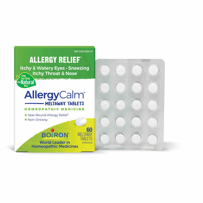 The AllergyCalm pack, from Boiron, sits next to a blister pack and highlights allergy relief for itchy eyes, sneezing, and throat. The non-drowsy label is prominent. As the World Leader in Homeopathic Medicines, it contains 60 tablets.