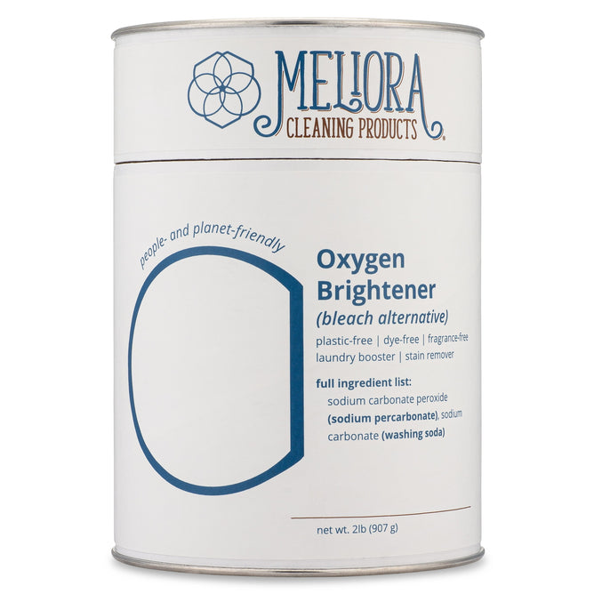 Melioras Oxygen Brightener is a 2 lb (907 g) cylindrical canister offering a powerful bleach alternative with a plastic-free, dye-free, and fragrance-free formula containing sodium carbonate peroxide and sodium carbonate.