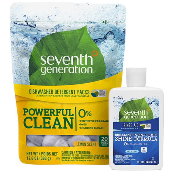 Seventh Generations Dishwasher Detergent Packs Starter Set combines enzyme-rich packs with a lemon scent for powerful cleaning and rinse aid for brilliant shine. Both products are showcased on a white background, highlighting their concentrated effectiveness.