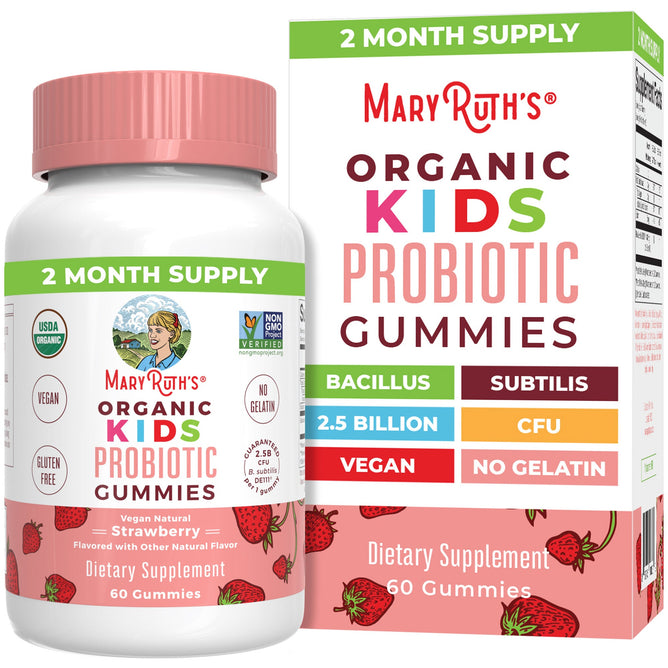 A bottle and box of MaryRuths Organic Kids Probiotic Gummies are displayed, emphasizing digestive health. The label highlights vegan, non-GMO, gluten-free features, no gelatin, with 60 strawberry-flavored servings per bottle for a two-month supply.