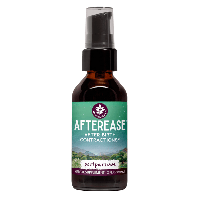 A 2 fl oz bottle of WishGarden Herbs AfterEase for afterbirth contractions features a mountain landscape on the label, offering soothing relief for postpartum discomfort similar to menstrual cramp relief.