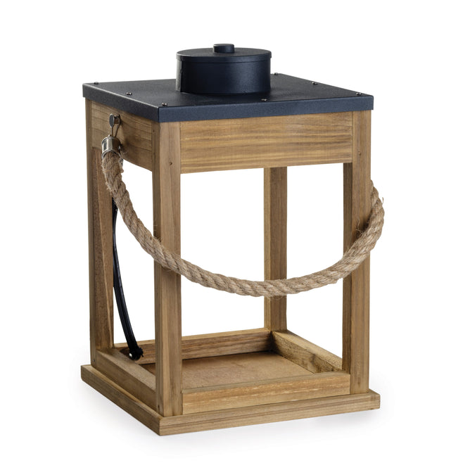 The Wood & Rope Wooden Candle Warmer Lantern by Candle Warmers Etc. exudes charm with its wooden square frame and black metal lid, offering a cozy glow through its open design. A handcrafted touch and sturdy rope handle enhance its rustic appeal.