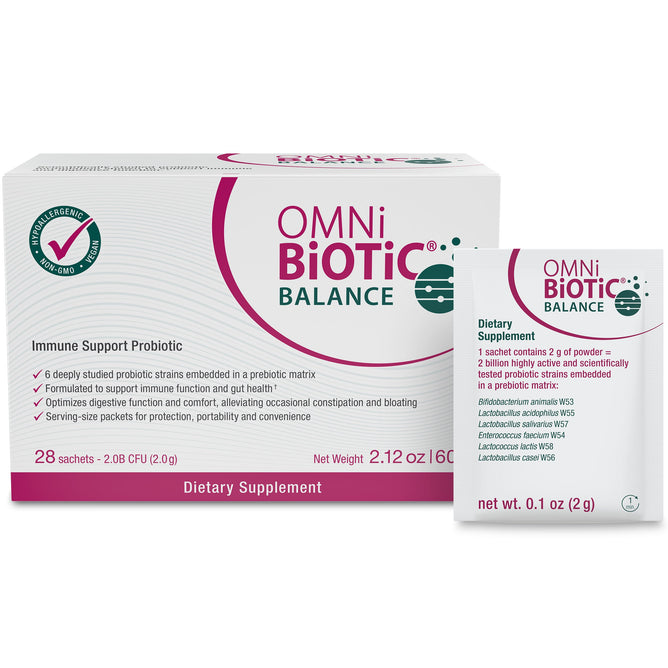 A 28-sachet box of Omni-Biotic Balance is displayed, highlighting its probiotic supplement benefits for immune support and gut health with researched strains. A sachet sits beside the box, ready to improve your digestive well-being.