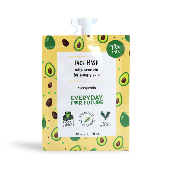 The Everyday For Future Yummycado face mask features a sunny yellow pouch with avocado illustrations, a spout cap, and text saying Avocado Face Mask for hungry skin. It offers 12x uses, is made of 99% natural ingredients, is vegan cruelty-free skincare, and uses 50% less plastic. Ideal for clean skincare fans.