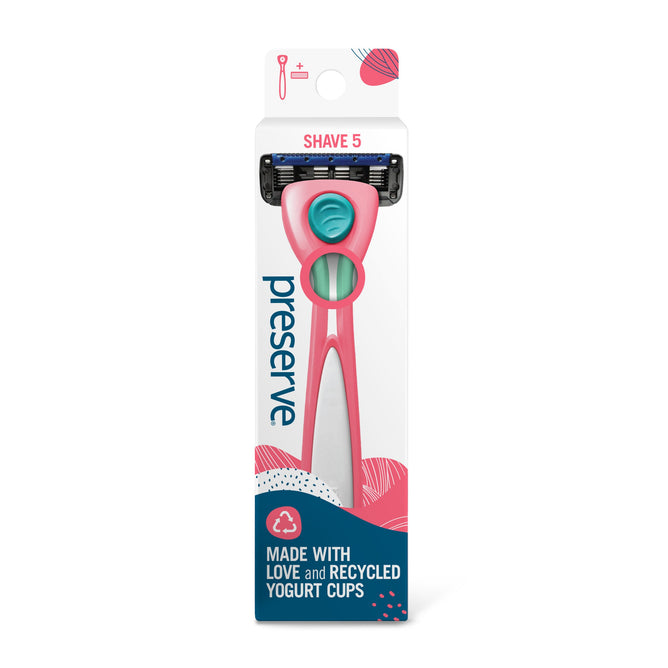 The Shave 5 Starter Set by Preserve features a pink-handled razor in a white box with blue and pink accents. It highlights eco-friendly symbols, ceramic-coated blades, and the message: Made with love and recycled plastic from yogurt cups.