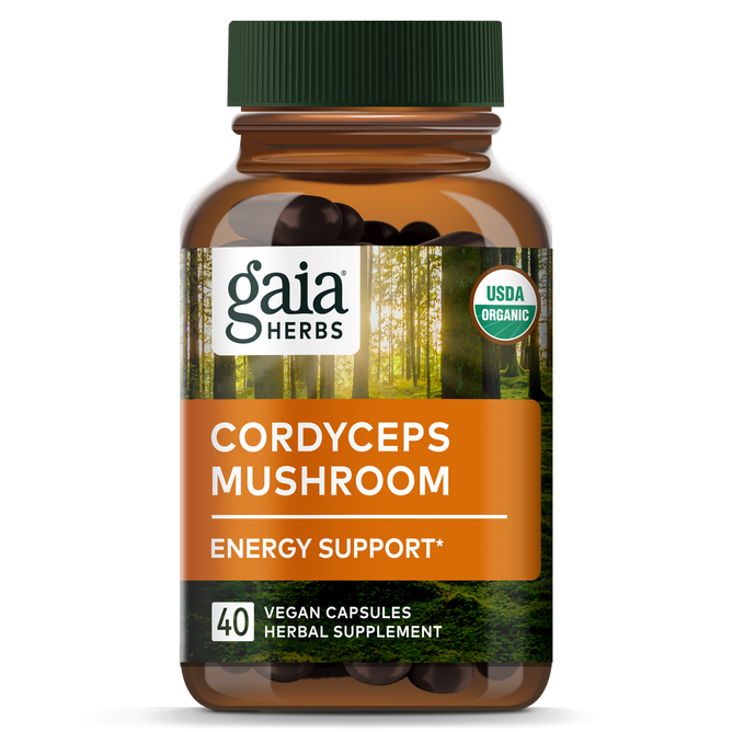 Experience Gaia Herbs Cordyceps Mushroom supplement—40 vegan capsules offering Energy Support. The adaptogen, marked as USDA Organic, is promoted against a tranquil forest scene for a natural energy boost.