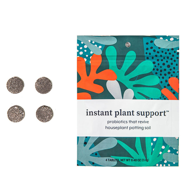 A vibrant packet branded Instant Plant Food features abstract leaf designs and contains the houseplant probiotic, Instant Plant Support. Four round soil tablets are arranged to the left of the packet for promoting healthy soil.