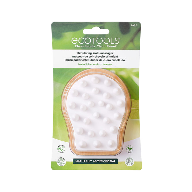 The EcoTools Shower Scalp Massager features a wooden handle and white silicone bristles for deep cleansing. It comes in green and white packaging, promotes hair growth, is naturally antimicrobial, and eco-friendly.