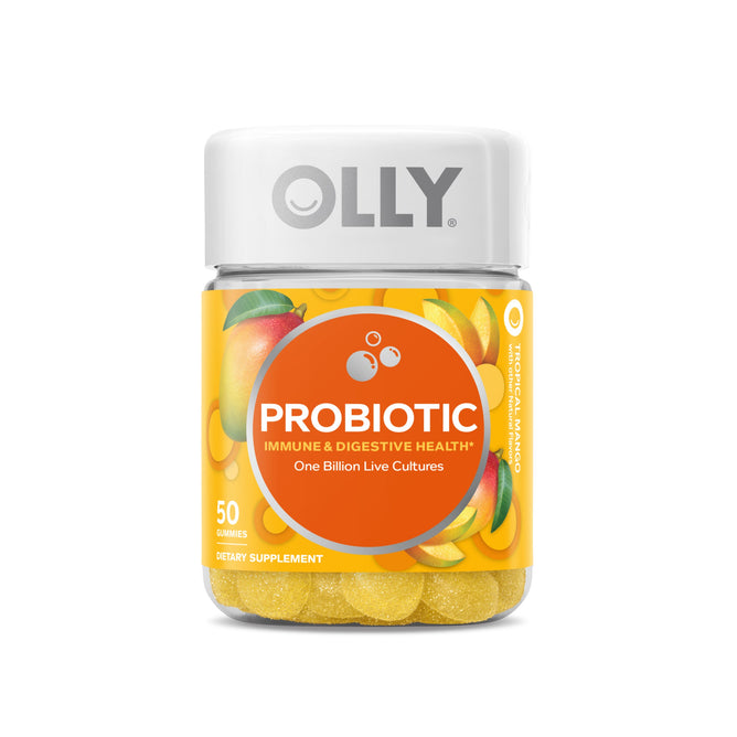 A jar of OLLY Probiotic gummies is designed for immune and digestive health, featuring a tropical mango flavor. It contains 50 gummies packed with one billion live cultures and has vibrant fruit illustrations to highlight its support for gut health.