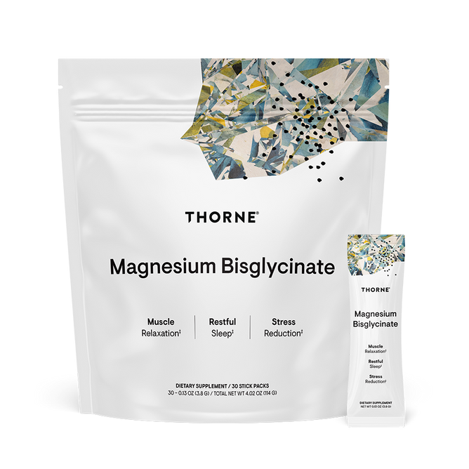 A white Thorne Magnesium Bisglycinate – Stick Packs pouch and stick are shown with abstract art on top and text highlighting support for muscle relaxation and restful sleep.