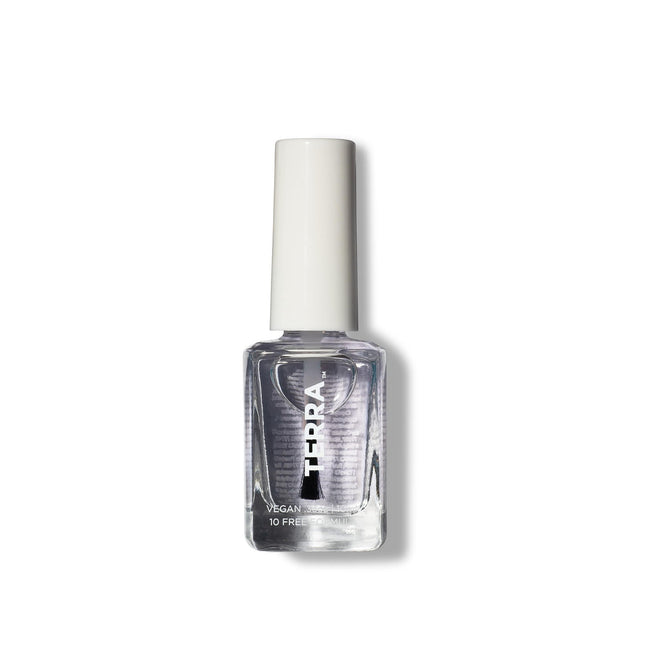 A bottle of Terra Beauty Bars No. 21 GEL Ultra Shine Top Coat, featuring a white cap and labeled as VEGAN and 10 FREE, is displayed against a white background.