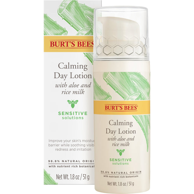 A 1.8 oz (51 g) bottle of Burts Bees Sensitive Daily Moisturizing Cream with aloe and rice milk, providing all-day hydration, is displayed before its packaging. The Sensitive Solutions label emphasizes hypoallergenic properties and natural origin ingredients.