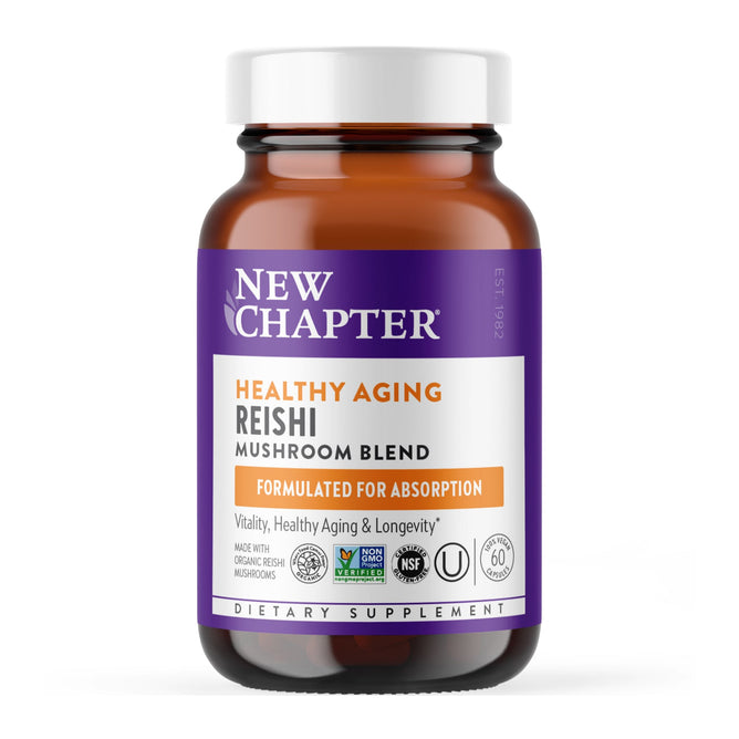 A brown glass bottle with a white cap labeled New Chapter Healthy Aging, Reishi Mushroom claims to be formulated for absorption and dietary supplementation. Featuring Non-GMO and NSF certifications, it contains 60 capsules enhanced with LifeShield Mushrooms for optimal benefits.