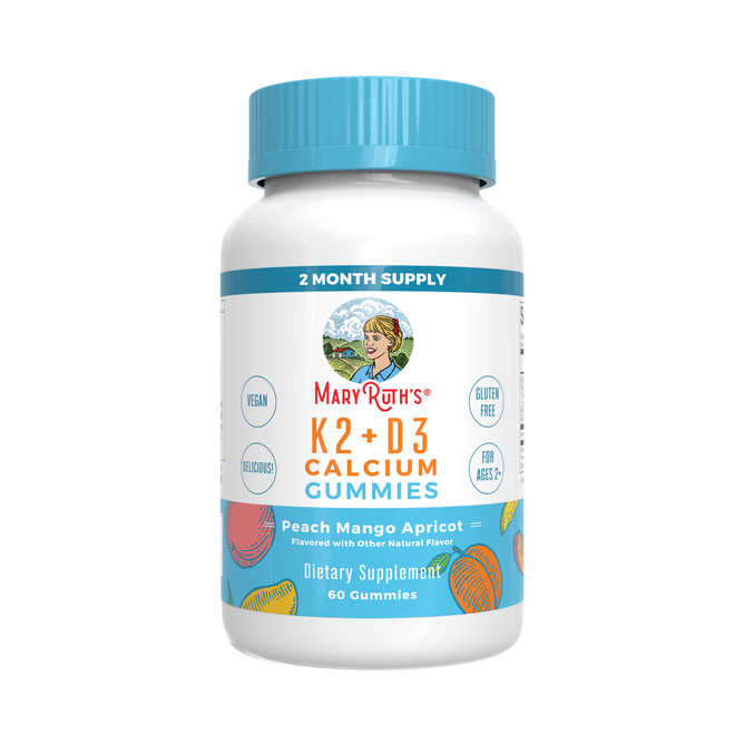 MaryRuths Vitamin K2+D3 Calcium Gummies come in a 60-count bottle with a blue cap and feature a vintage illustration of a woman. These peach-mango-apricot flavored gummies are vegan, gluten-free, suitable for ages 2+, and offer a nourishing 2-month supply.