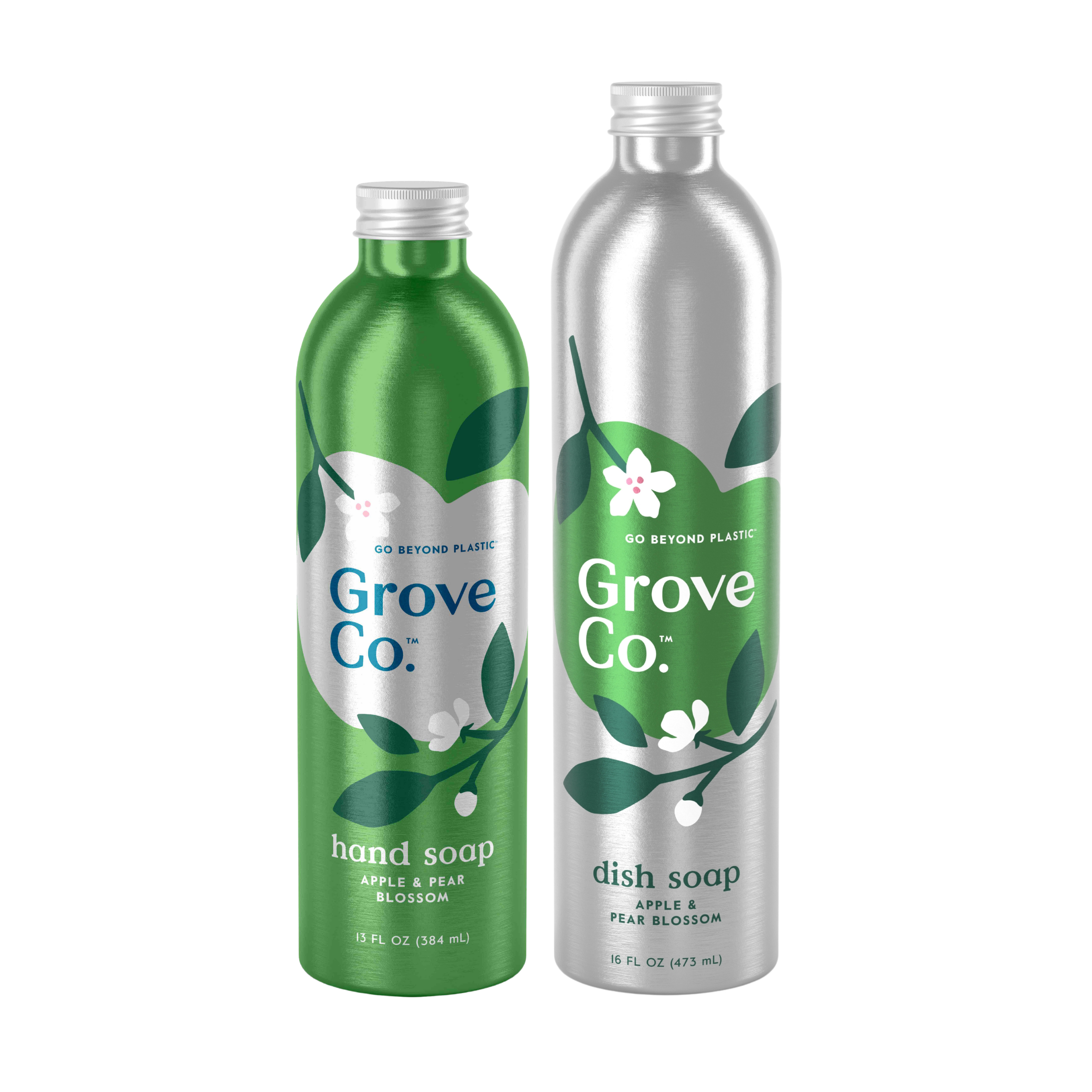 Two bottles emerge: Hand & Dish Soap Refills from Grove Co., both apple & pear blossom in 16 fl oz. Charming leaf and blossom designs reflect the brands commitment to no plastic waste.