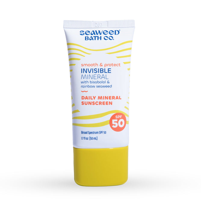 The Seaweed Bath Cos Invisible Mineral SPF 50 is an unscented mineral gel that doubles as a makeup primer. Packaged in a white tube with yellow waves, it contains bisabolol & rainbow seaweed. Smooth & protect with its 1.7 fl oz (50 ml) formula.
