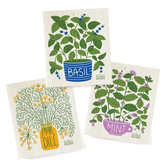 Three illustrated tea towels by The Neighborgoods feature a purple pot with basil, a yellow jar with dill, and a pink cup with mint. Each herb is labeled on the white background. Enhance your kitchen decor with these eco-friendly Sponge Cloth designs inspired by fresh herbs.