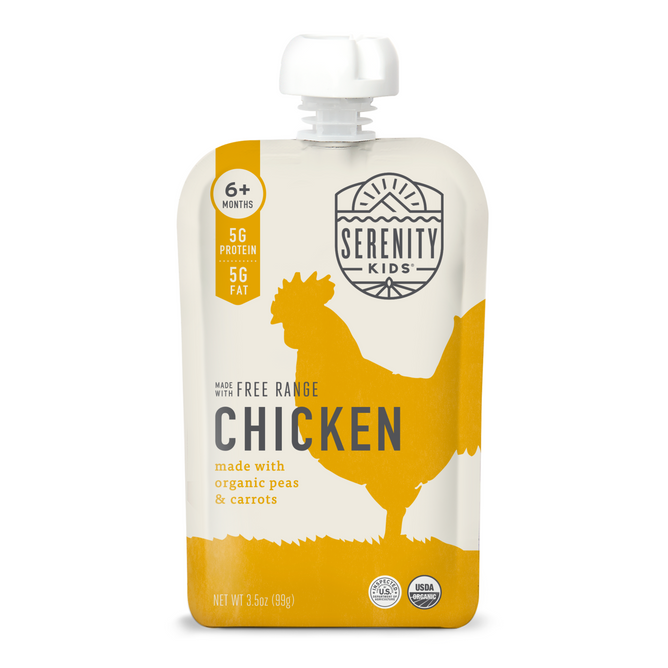 The Serenity Kids Free Range Chicken with Organic Peas and Carrots baby food pouch showcases a chicken silhouette, highlighting its organic blend. With 5g of protein and healthy fats, its ideal for babies 6+ months. Check the bottom for organic certification logos.