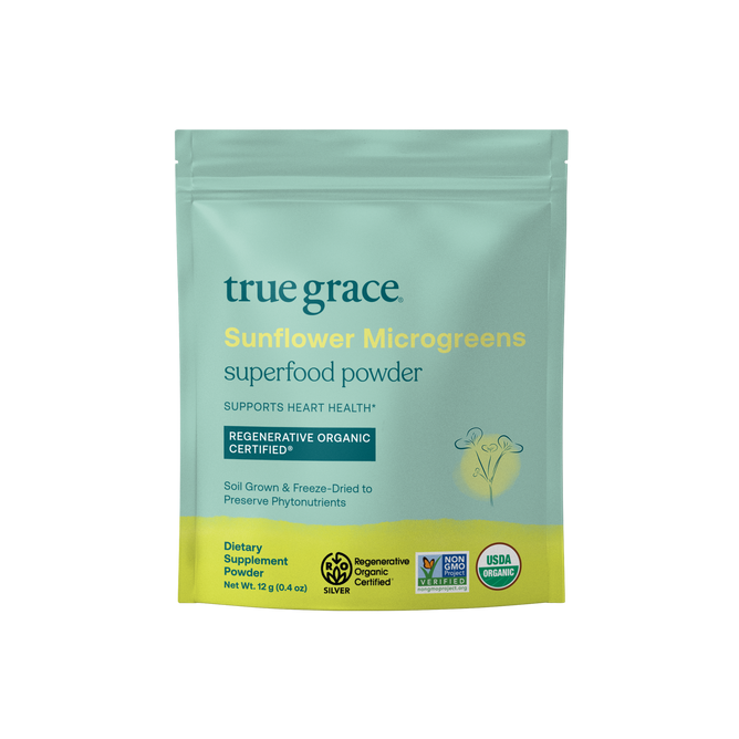 True Grace Sunflower Microgreens Powder offers heart health benefits in light green packaging. Its Alkemist Assured, Regenerative Organic Certified, and USDA organic, with a net weight of 12g (0.4 oz).