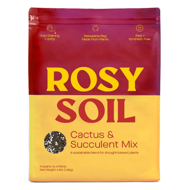 The Rosy Soil Cactus & Succulent Potting Soil Mix comes in a red and yellow bag, highlighting benefits like Fast Draining + Gritty and Peat + Synthetic Free, ensuring excellent aeration. The sustainable packaging holds 4 quarts or 4 pounds (1.8 kg).
