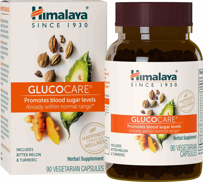 Image of a Himalaya Glucocare herbal supplement bottle and box. The packaging, inspired by Ayurvedic science, promotes glucose metabolism support with ingredients such as bitter melon and fenugreek. Contains 90 vegetarian capsules to enhance wellness.
