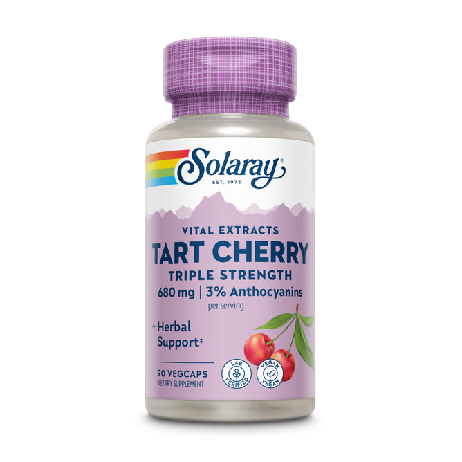 The Solaray Triple Strength Vital Extracts Tart Cherry has a rainbow stripe, purple cap, features 680 mg and 3% anthocyanins per serving for muscle recovery support. The label displays two cherries at the bottom, and its available in a bottle of 90 vegcaps.
