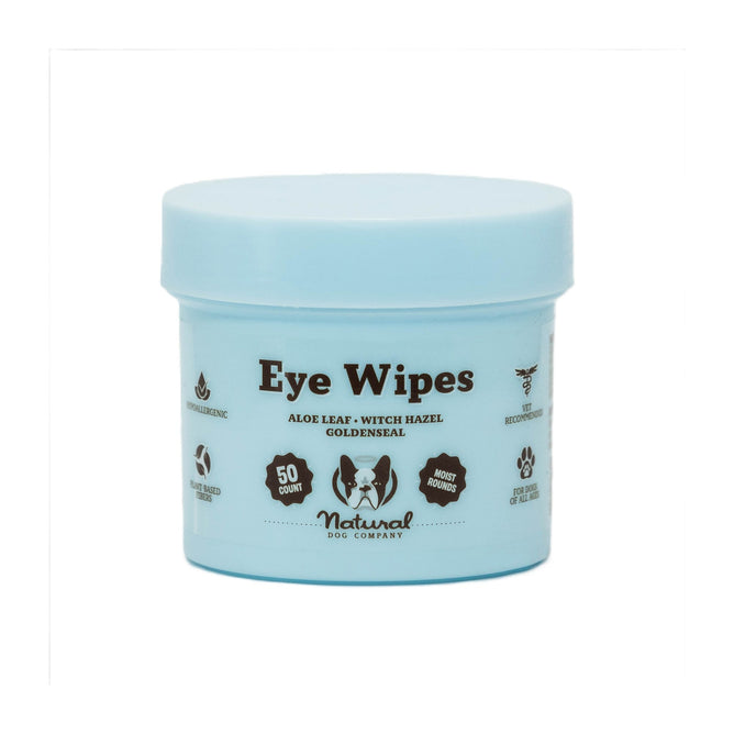 The Eye Wipes by Natural Dog Company come in a blue container and feature 50 hypoallergenic, biodegradable wipes infused with aloe leaf, witch hazel, and goldenseal for natural canine tear stain removal.