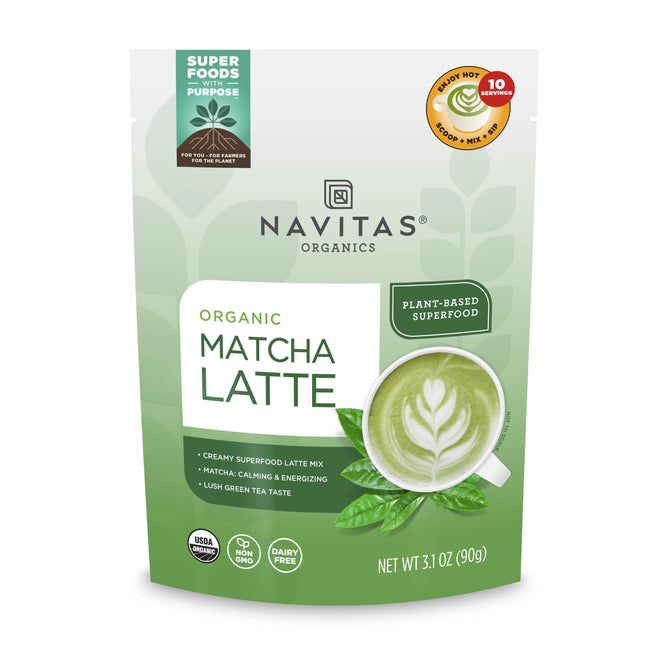 Navitas Organics Organic Matcha Latte mix features a vivid green design with a matcha latte cup and leaf art and displays USDA Organic, Non-GMO, and Dairy-Free labels to highlight its plant-based superfood benefits.