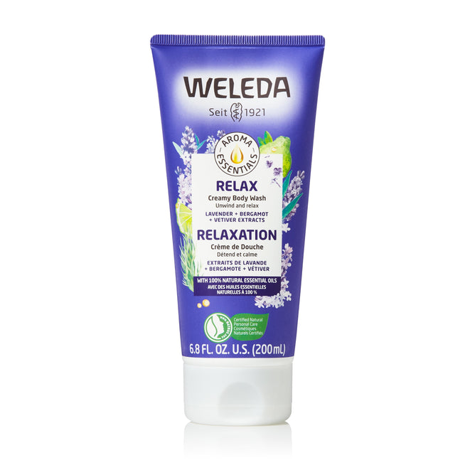 A 6.8 fl oz (200ml) purple tube of Weleda Relax Body Wash features soothing lavender, refreshing bergamot, and earthy vetiver extracts with a natural essential oils icon.