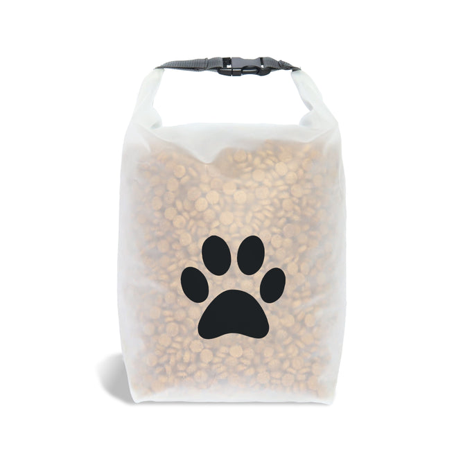 The (re)zip Roll Top Pet Food Storage Bag, made from food-grade PEVA, features a black paw print emblem. It has a 40-cup capacity and is secured with a black buckle for easy carrying and storage.