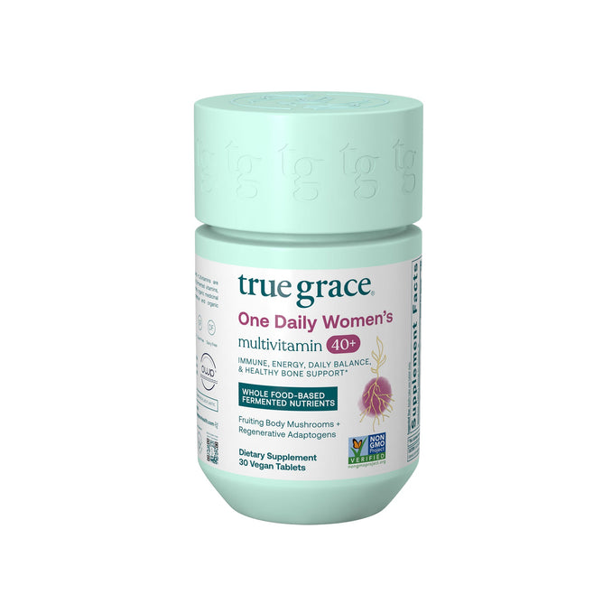 The One Daily Womens 40+ Multivitamin by True Grace is a green bottle containing 30 vegan tablets. It supports immunity, energy, and bone health with organic mushrooms and fermented nutrients. Its Non-GMO, USDA Organic certified.