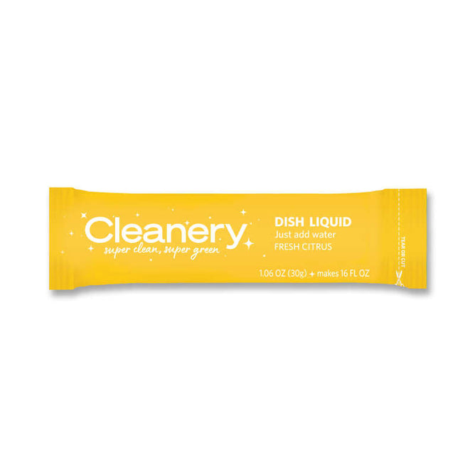 The Cleanery Dish Liquid Refill in yellow offers a Fresh Citrus scent with the slogan super clean, super green and Just add water. Its a 1.06 oz (30g) concentrate to make 16 fl oz, carbon positive, and ideal for eco-friendly refills!.